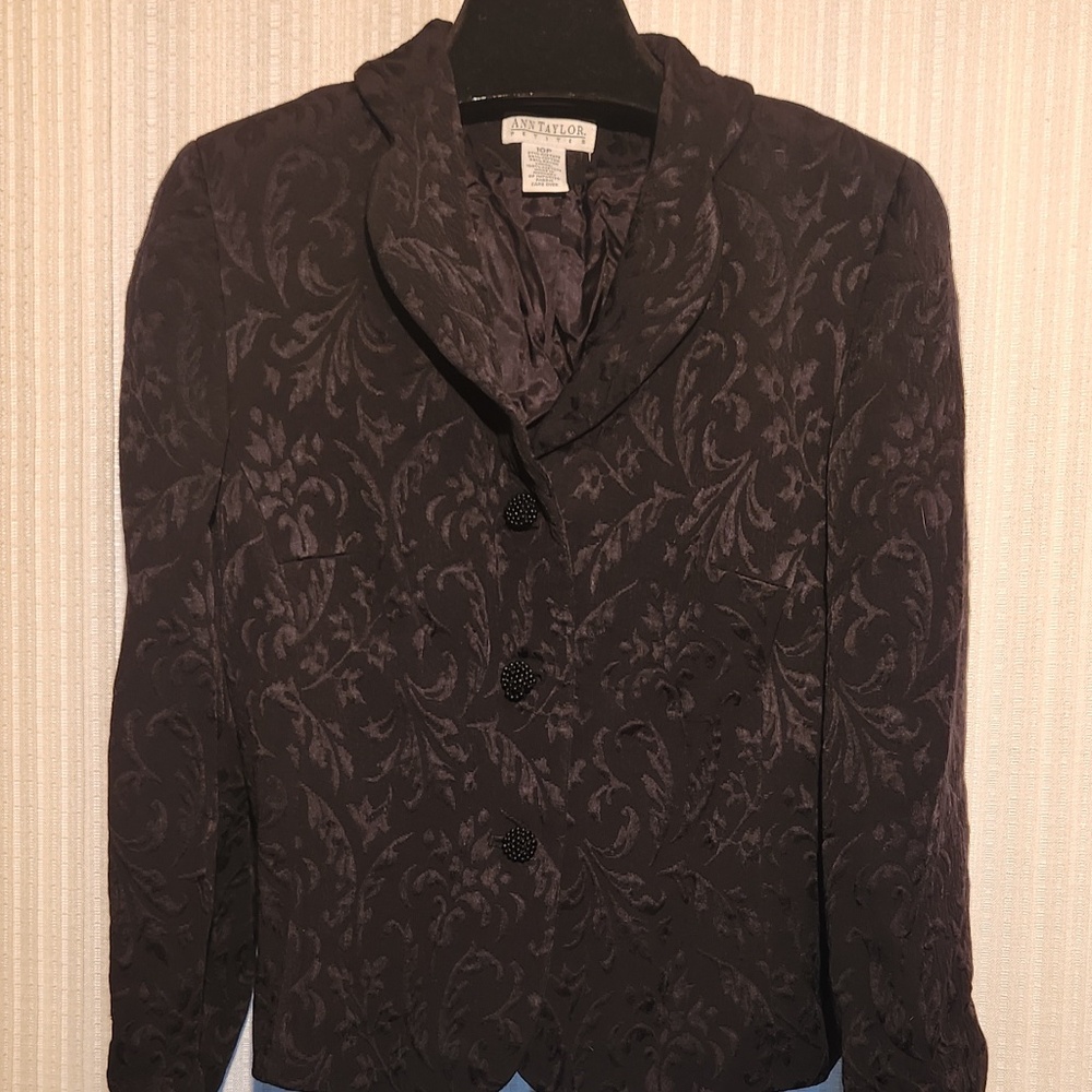 Ann Taylor Black Damask Blazer Jacket, Size 10 Petite